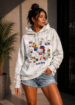 Женский оверсайз худи с принтом hello kitty трехнитка серый, 42/48