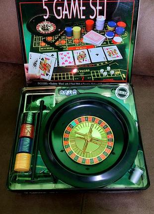 Набір для покеру "5 game set"  у металевій коробці -карти, кубики, рулетка