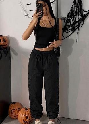 Вітрозахисні 🔥 штани chicorée 👖 брюки карго парашути 🖤 чорні джогери широкі s-m