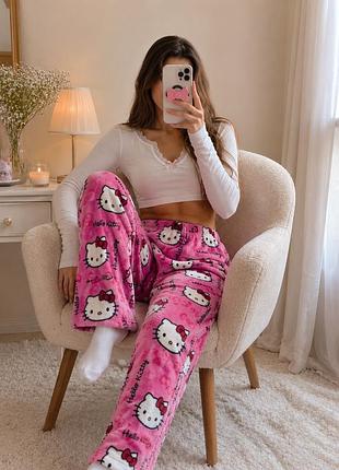 Hello kitty штани рожеві домашні / піжамні плюшеві teddy fuzzy xs–s | хелло кітті