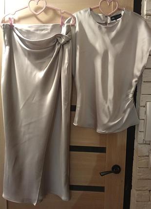Костюм женский юбка+ блуза атлас zara