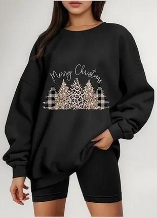 ❤️1+1=3❤️ shein чорний світшот з різдвяним принтом та надписом merry christmas, тепла толстовка оверсайз, різдвяне/новорічне худі, розмір one size