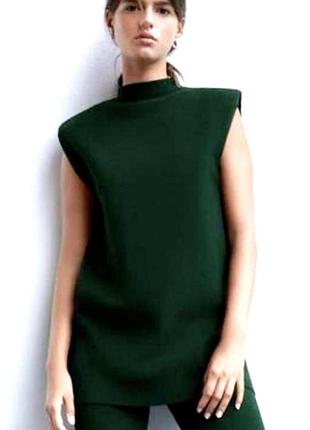 Zara топ жіночий трикотажний s темно-зелений з акцентними плечима