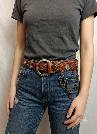 Ремень take two плетеный кожаный с подвесками vintage boho y2k made in italy