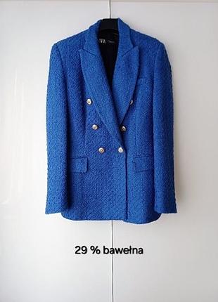 Zara піджак жакет двобортний синій подовжений твідовий з золотими ґудзиками