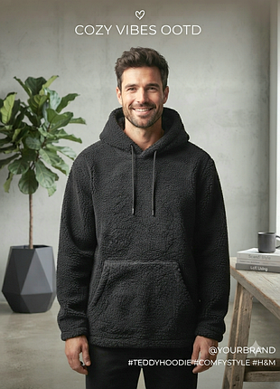 Чоловіча флісова толстовка relaxed fit pile hoodie від бренду h&m
