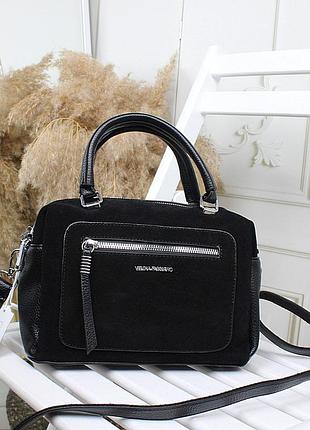 Женская стильная и качественная сумка из натуральной замши и эко кожи черная