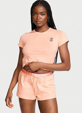 Піжама (футболка + шорти) victoria's secret (21855967851) 100% cotton lace patch short pajama set xs персикова