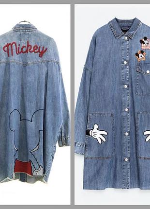 Джинсовая рубашка платье микки маус mickey mouse принт