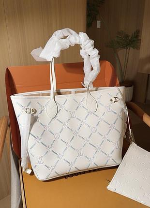 Louis vuitton neverfull monogram embroidery white / light blue 32х28х16