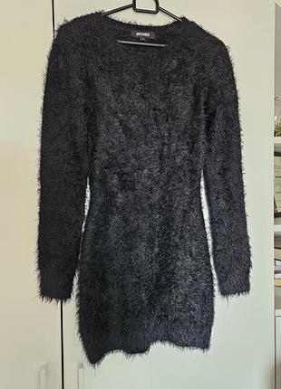 Мохнатий светр-туніка-сукня missguided чорна, розмір xs-s