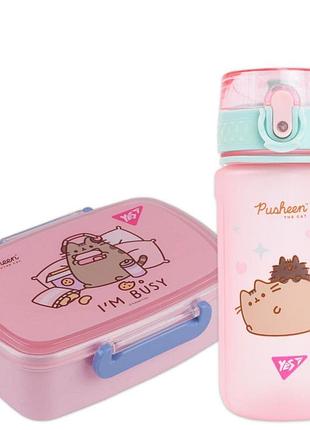 Набір подарунковий pusheen yes пляшка 500мл ланч бокс 750мл 708367п (контейнер) рожевий посуд пушін для школи та садочка