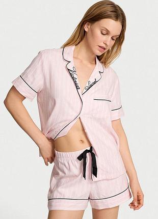 Фланелева піжама victoria's secret flannel short pajama set pretty blossom pink stripe