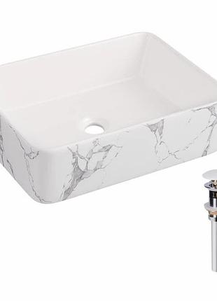Раковина накладна, прямокутна, з донним клапаном qtap tern 480 x 370 x 135 мм, marble (qt17116069mr)