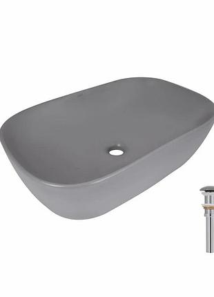 Раковина накладна qtap robin 600 x 390 x 150 мм, stone grey, прямокутна, з донним клапаном (qtrob188sg49786)