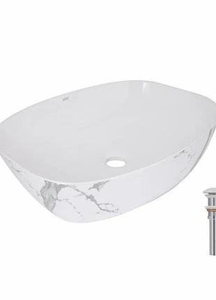 Раковина накладна qtap cardinal 500 x 380 x 140 мм, marble, прямокутна, з донним клапаном (qtcar188mr49826)