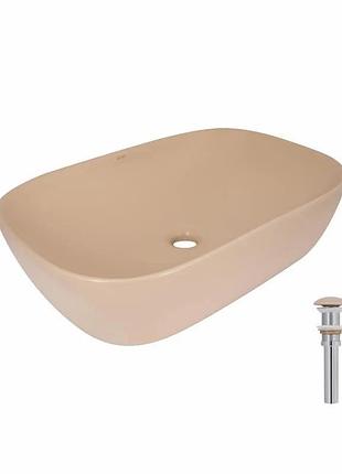 Раковина накладна qtap robin 600 x 390 x 150 мм, beige, прямокутна, з донним клапаном (qtrob188sb49787)