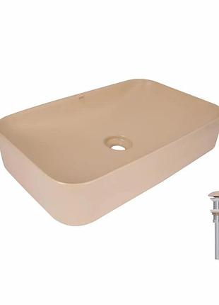Раковина накладна qtap tern 610 x 350 x 135 мм, beige, прямокутна, з донним клапаном (qtter188sb49790)