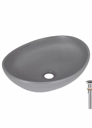 Раковина накладна qtap dove 415 x 340 x 140 мм, stone grey, овальна, з донним клапаном (qtdov188sg49783)