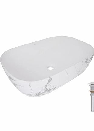 Раковина накладна qtap robin 600 x 390 x 150 мм, marble, прямокутна, з донним клапаном (qtrob188mr49788)