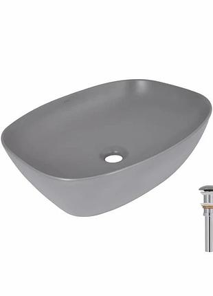 Раковина накладна qtap cardinal 500 x 380 x 140 мм, stone grey, прямокутна, з донним клапаном (qtcar188sg49824)