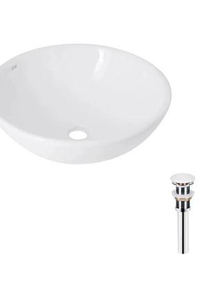 Комплект qtap owl: раковина накладна кругла 400 х 400 х 155 мм white + донний клапан pu02