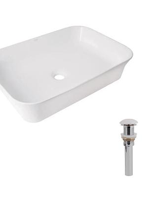 Комплект qtap virgo n: раковина накладна 560 x 380 x 130 мм, white, прямокутна + донний клапан pop-up pu02