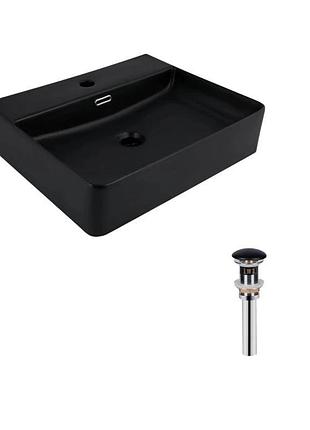 Комплект qtap nando lt: раковина підвісна прямокутна 500 х 420 х 130 мм matt black + донний клапан pu03o