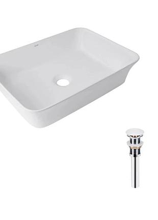 Комплект qtap virgo: раковина накладна прямокутна 490 х 350 х 110 мм white + донний клапан pu02
