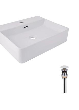 Комплект qtap nando lt: раковина підвісна прямокутна 500 х 420 х 130 мм white + донний клапан pu02o