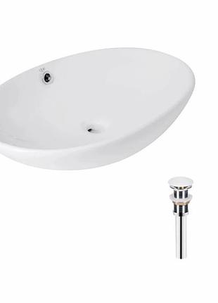 Комплект qtap dove: раковина накладна овальна 635 x 420 x 150 мм white + донний клапан pu02o