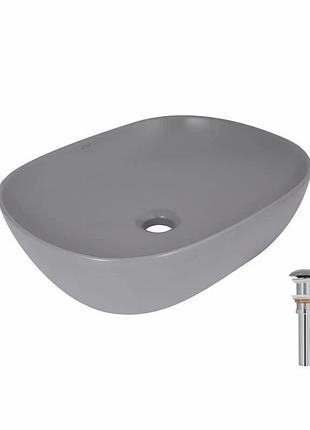 Раковина накладна qtap aquarius 470 x 380 x 120 мм, stone grey, прямокутна, з донним клапаном (qtaqa188sg49780)