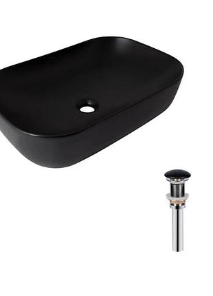 Комплект qtap robin: раковина накладна прямокутна 600 x 390 x 150 мм matt black + донний клапан pu03