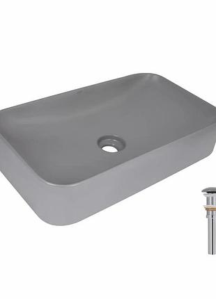 Раковина накладна qtap tern 610 x 350 x 135 мм, stone grey, прямокутна, з донним клапаном (qtter188sg49789)