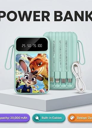 Потужний power bank 20000mah "зоотрополіс" (kj-715) з 4 вбудованими кабелями та цифровим дисплеєм, м'ятний