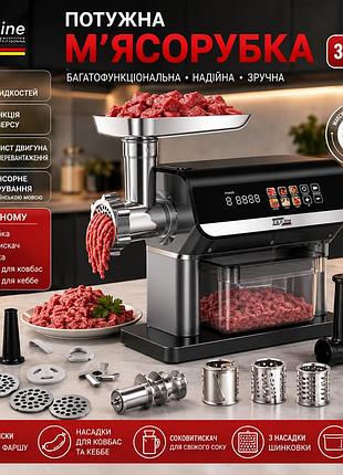 Мощная электрическая мясорубка zepline zp-00380 3000 вт с сенсорным управлением, сочищателем, ветчинкой и насадками для колбас
