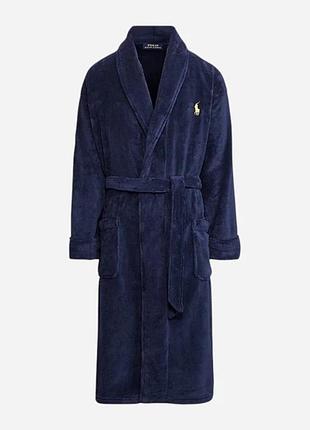 Чоловічий плюшевий халат polo ralph lauren однотоний, темно-синій, довгий, s/m