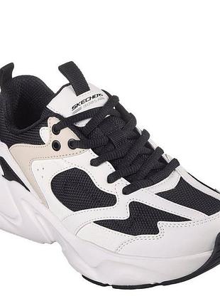Трендовые оригинальные кроссовки skechers черно-белые с сеткой