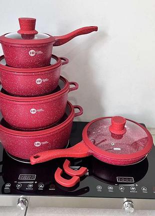 Набір каструль із гранітним антипригарним покриттям higher kitchen нк-316 з 12 предметів червоний