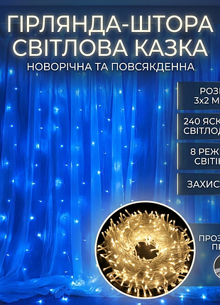 Гірлянда-штора на 3х2 м новорічні прикраси для декору дому гірлянда на прозорому дроті від мережі синій
