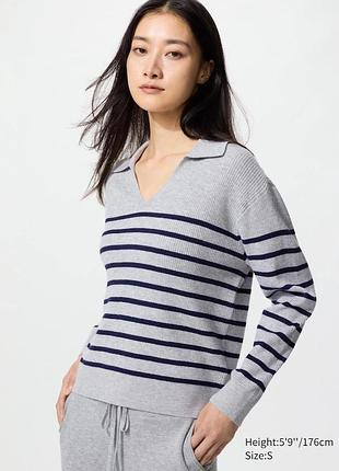 Джемпер-поло uniqlo сірий в смужку washable ribbed knit polo sweater