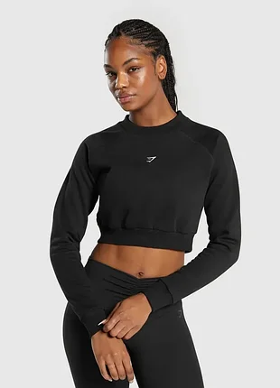 Женская укороченная  тренировочная толстовка/свитшот на флисе gymshark - черная