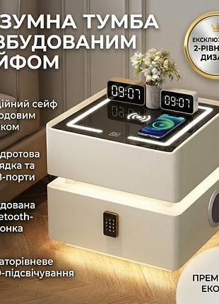 Умная прикроватная тумба xf01 со встроенным сейфом, беспроводной зарядкой и bluetooth, белая экокожа / стекло