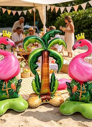 Набір фольгованих куль «фламінго та пальма» 3 шт. — стоячі 3d фігури для фотозони, гавайської та тропічної вечірки