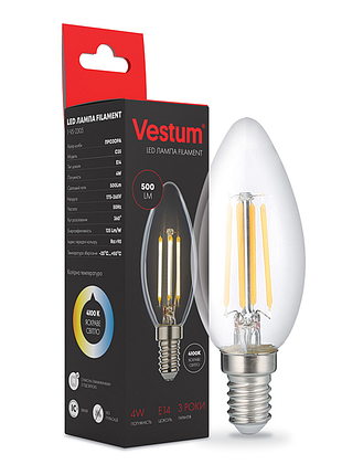 Світлодіодна філаментна лампа vestum с35 е14 4вт 220v 4100к 1-vs-2305