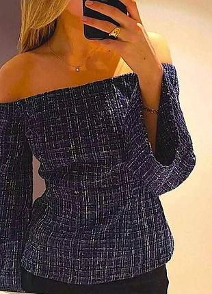 Zara твідовий топ в корсетному стилі твідова блуза кофтинка з кльош рукавами