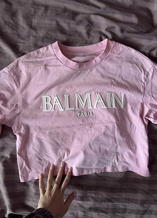 Укорочена футболка balmain paris рожева, розмір m