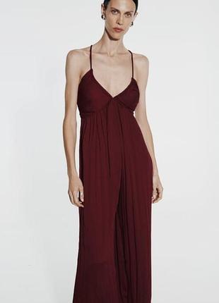 Бордовий брючний комбінезон палацо на тонких шлейках zara