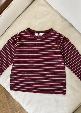 Реглан, лонгслів в смужку від h&m 2-4 роки ріст 98-104 стан новий без бірки дов 41, шир 34.5, плече приспущене рукав від горла 39.7  ціна сайту 10$