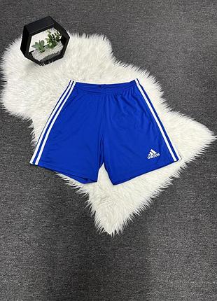 Сині спортивні шорти бренду adidas із білими фірмовими смужками з боків та білим логотипом на штанині.